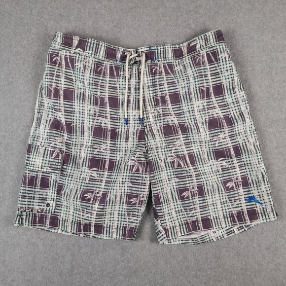 Tommy Bahama Mens Swim Trunks Size XL Drawstring Plaid Palm Trees - Picture 1 of 15